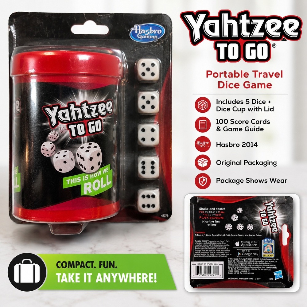 Hasbro Yahtzee To Go Travel Dice Game Red Cup 5 Dice 100 Score Cards 2014 New